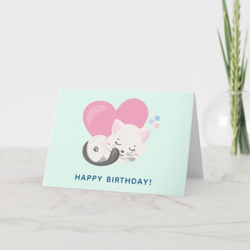 Sweet Kitty Cat Sleeping with a Big Heart Birthday Card