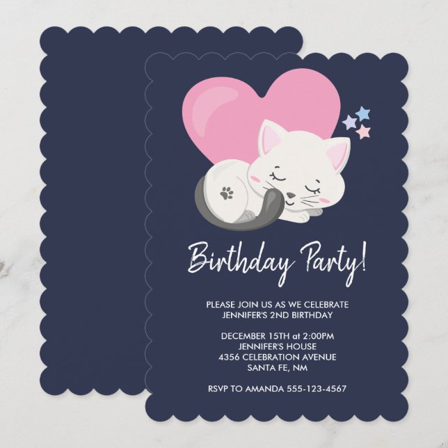 Sweet Kitty Cat Sleeping with a Big Heart Birthday Invitation (Front/Back)