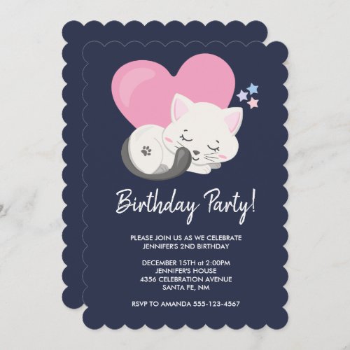 Sweet Kitty Cat Sleeping with a Big Heart Birthday Invitation