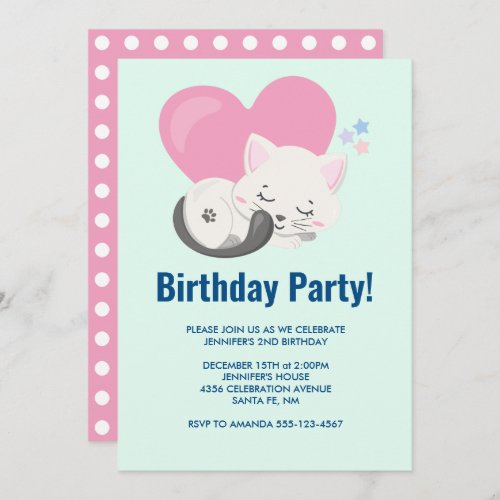 Sweet Kitty Cat Sleeping with a Big Heart Birthday Invitation