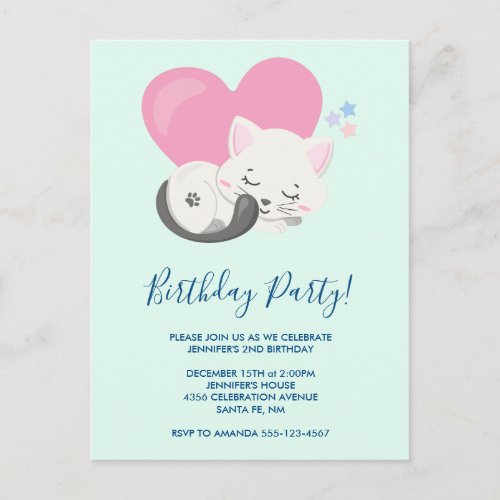 Sweet Kitty Cat Sleeping with a Big Heart Birthday Invitation Postcard