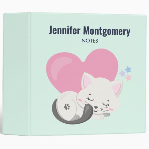 Sweet Kitty Cat Sleeping with a Big Heart in Back 3 Ring Binder