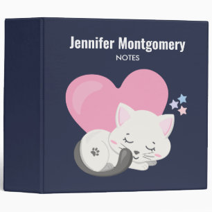 Sweet Kitty Cat Sleeping with a Big Heart in Back 3 Ring Binder