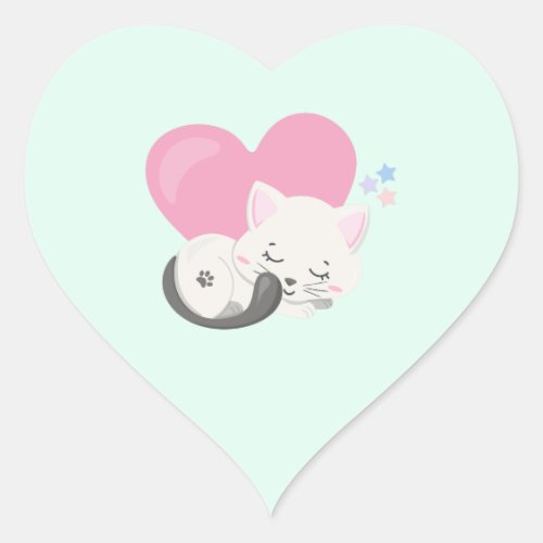 Sweet Kitty Cat Sleeping with a Big Heart in Back Heart Sticker
