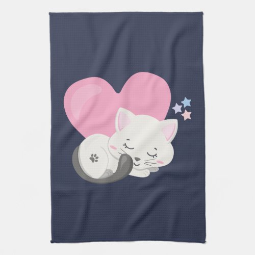 Sweet Kitty Cat Sleeping with a Big Heart in Back Kitchen Towel