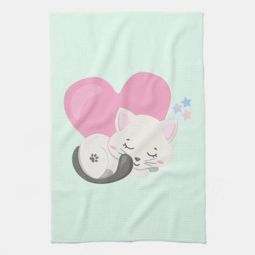 Sweet Kitty Cat Sleeping with a Big Heart in Back Kitchen Towel