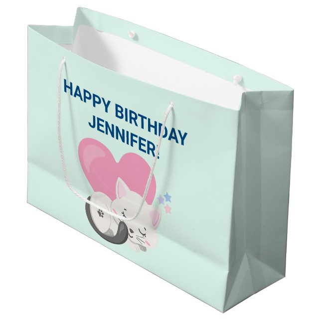 Sweet Kitty Cat Sleeping with a Big Heart in Back Large Gift Bag (Front Angled)
