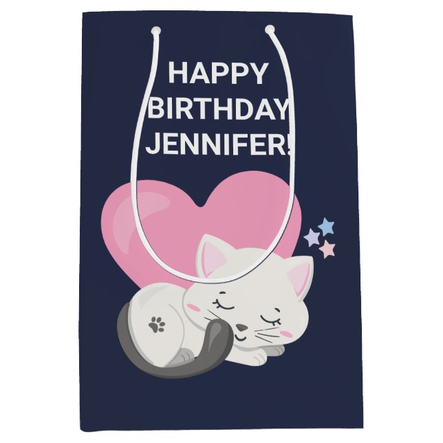 Sweet Kitty Cat Sleeping with a Big Heart in Back Medium Gift Bag (Front)