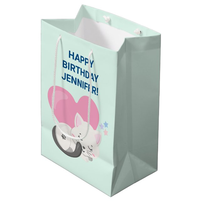 Sweet Kitty Cat Sleeping with a Big Heart in Back Medium Gift Bag (Front Angled)