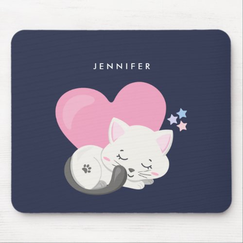 Sweet Kitty Cat Sleeping with a Big Heart in Back Mouse Pad