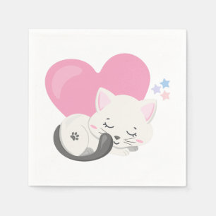Sweet Kitty Cat Sleeping with a Big Heart in Back Napkins