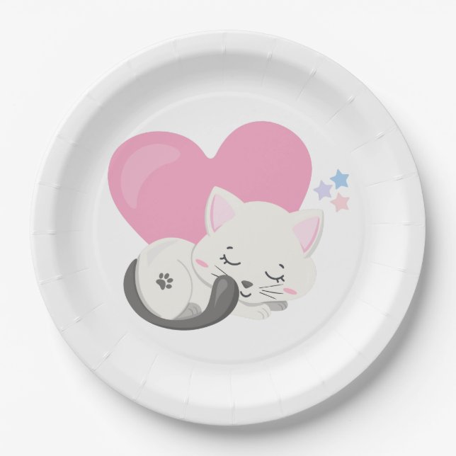 Sweet Kitty Cat Sleeping with a Big Heart in Back Paper Plates (Front)