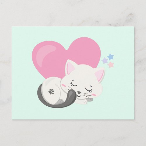 Sweet Kitty Cat Sleeping with a Big Heart in Back Postcard