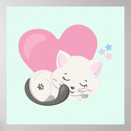 Sweet Kitty Cat Sleeping with a Big Heart in Back Poster