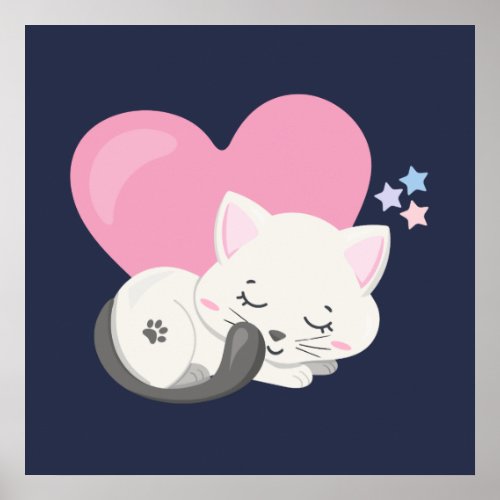 Sweet Kitty Cat Sleeping with a Big Heart in Back Poster