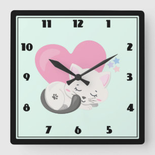 Sweet Kitty Cat Sleeping with a Big Heart in Back Square Wall Clock