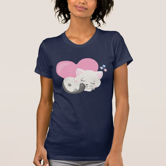 Sweet Kitty Cat Sleeping with a Big Heart in Back T-Shirt (Front)