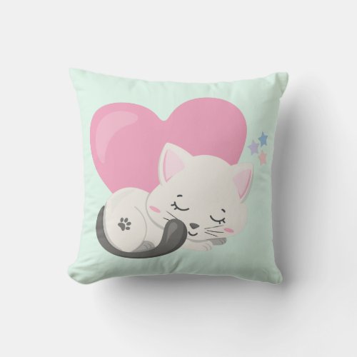 Sweet Kitty Cat Sleeping with a Big Heart in Back Throw Pillow