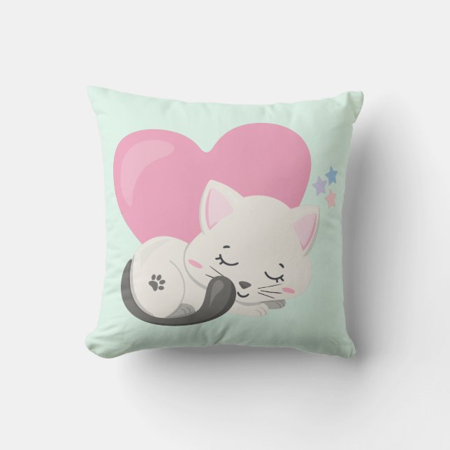 Sweet Kitty Cat Sleeping with a Big Heart in Back Throw Pillow (Front)
