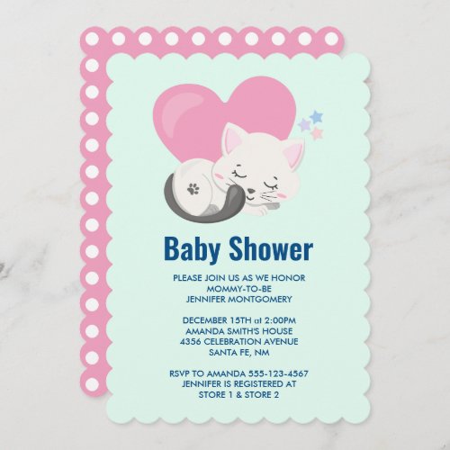 Sweet Kitty Cat Sleeping with a Big Heart Shower Invitation