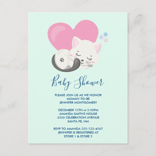 Sweet Kitty Cat Sleeping with a Big Heart Shower Invitation Postcard