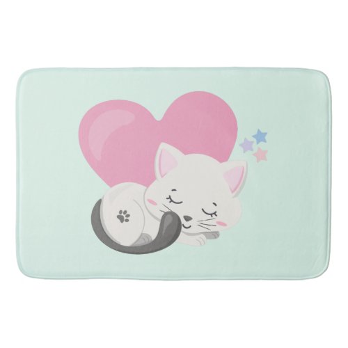 Sweet Kitty Cat Sleeping with a Big Pink Heart Bath Mat