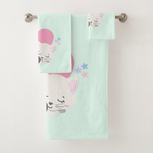 Sweet Kitty Cat Sleeping with a Big Pink Heart Bath Towel Set