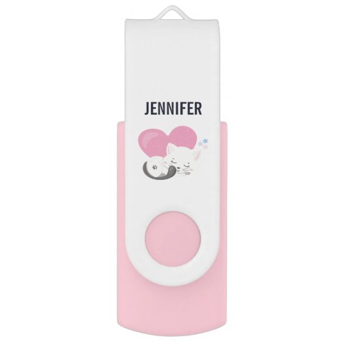 Sweet Kitty Cat Sleeping with a Big Pink Heart Flash Drive