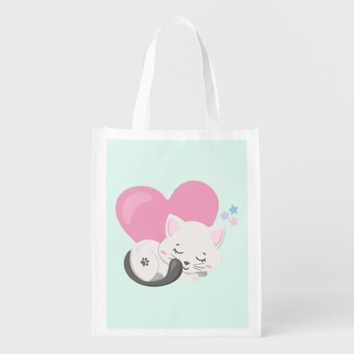 Sweet Kitty Cat Sleeping with a Big Pink Heart Grocery Bag