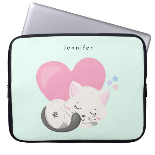 Sweet Kitty Cat Sleeping with a Big Pink Heart Laptop Sleeve