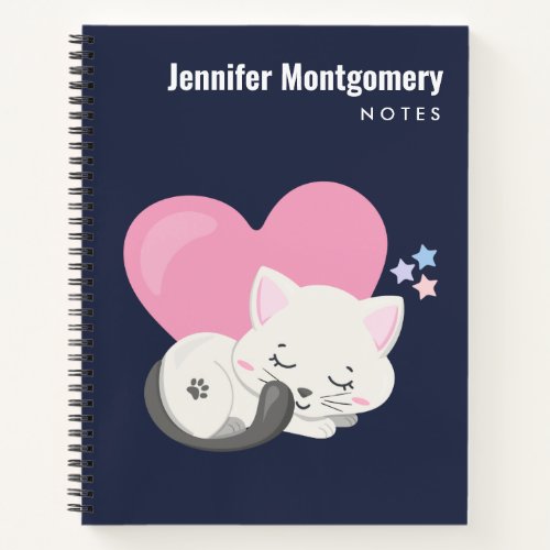 Sweet Kitty Cat Sleeping with a Big Pink Heart Notebook