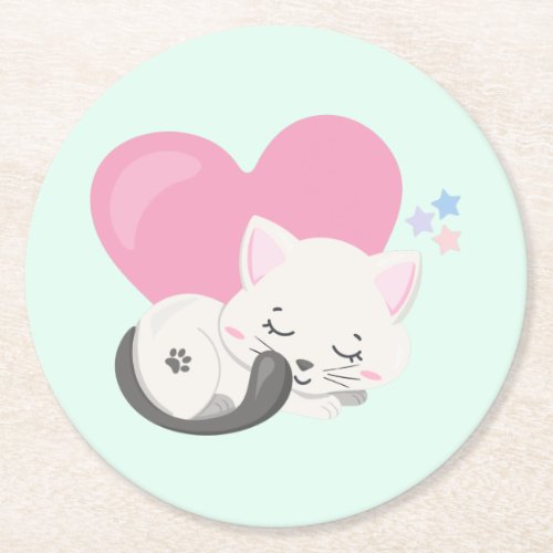 Sweet Kitty Cat Sleeping with a Big Pink Heart Round Paper Coaster