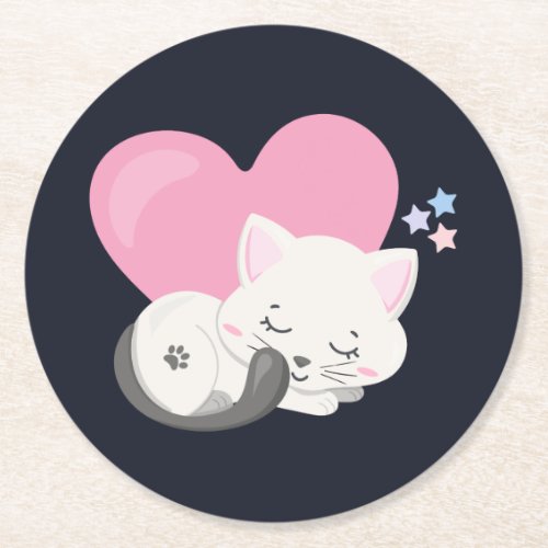 Sweet Kitty Cat Sleeping with a Big Pink Heart Round Paper Coaster