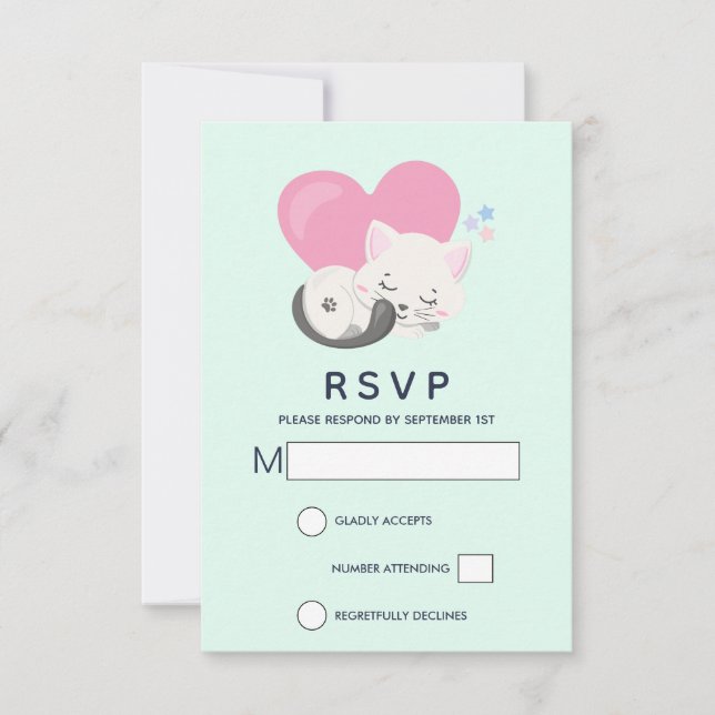 Sweet Kitty Cat Sleeping with a Big Pink Heart RSVP Card (Front)