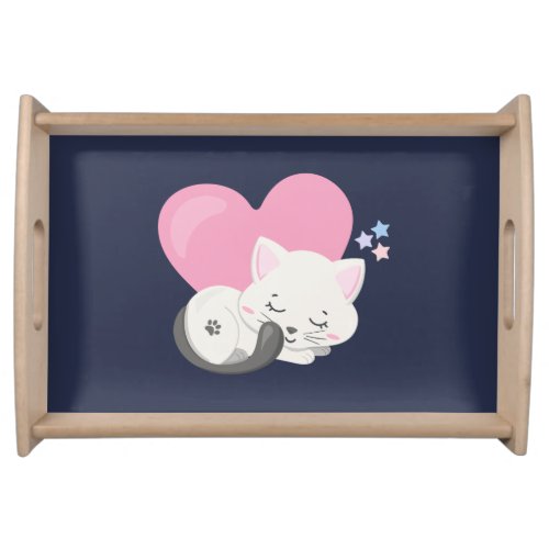 Sweet Kitty Cat Sleeping with a Big Pink Heart Serving Tray