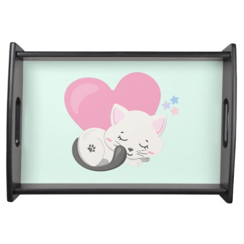 Sweet Kitty Cat Sleeping with a Big Pink Heart Serving Tray