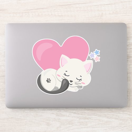 Sweet Kitty Cat Sleeping with a Big Pink Heart Sticker