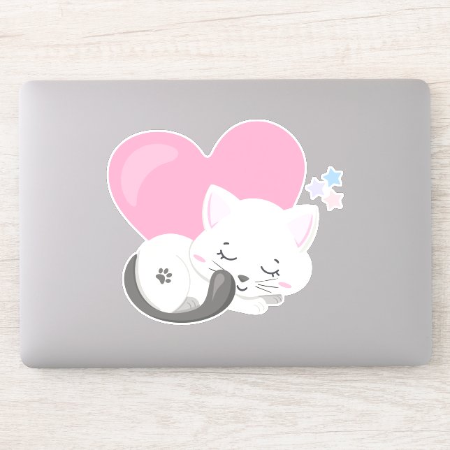 Sweet Kitty Cat Sleeping with a Big Pink Heart Sticker (Computer)