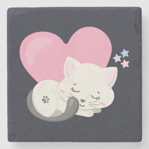 Sweet Kitty Cat Sleeping with a Big Pink Heart Stone Coaster