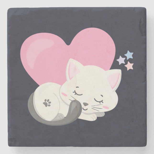Sweet Kitty Cat Sleeping with a Big Pink Heart Stone Coaster (Front)