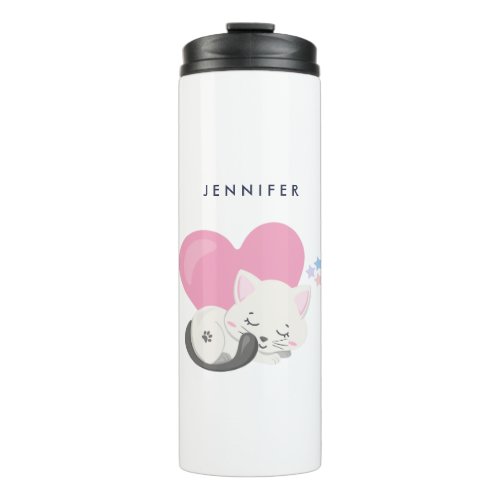 Sweet Kitty Cat Sleeping with a Big Pink Heart Thermal Tumbler