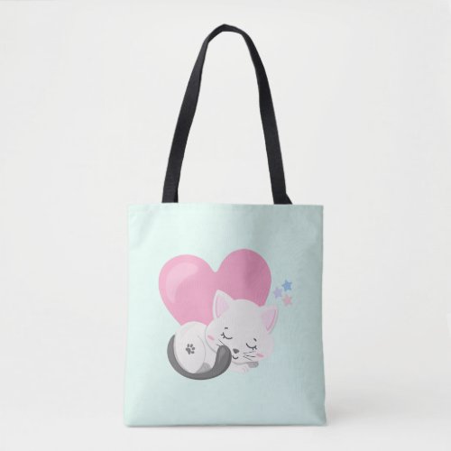 Sweet Kitty Cat Sleeping with a Big Pink Heart Tote Bag