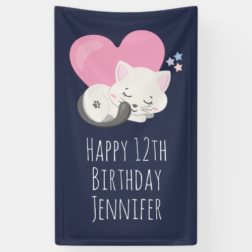 Sweet Kitty Cat Sleeping with Pink Heart Birthday Banner