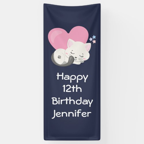 Sweet Kitty Cat Sleeping with Pink Heart Birthday Banner