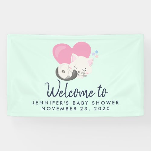 Sweet Kitty Cat Sleeping with Pink Heart Shower Banner