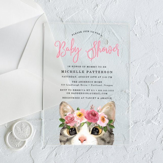 Sweet Kitty Girl Baby Shower Acrylic Invitations (Creator Uploaded)