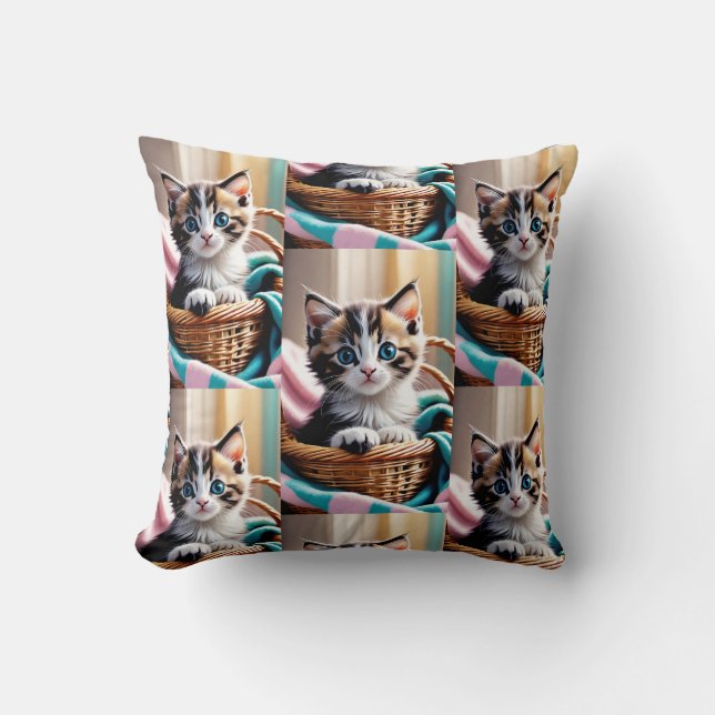 Sweet Kitty in a Basket – Cozy Pillow (Front)
