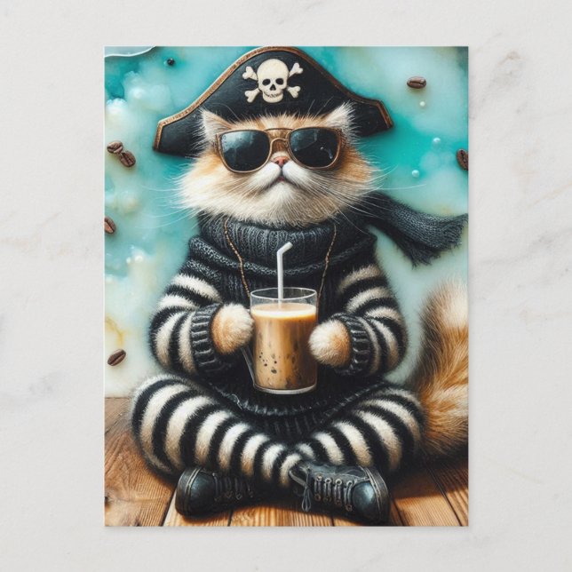 Sweet Kitty Pirate With a Coffee Postcard (Front)