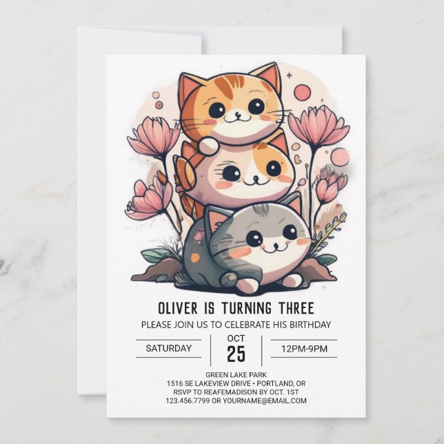Sweet Kitty Whimsical World Birthday Invitation (Front)