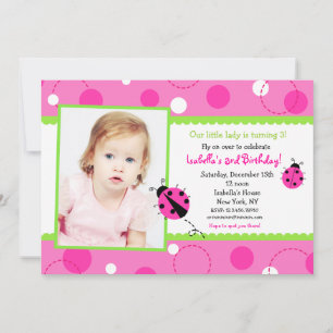 Sweet Ladybug Pink Green Photo Birthday Invitation